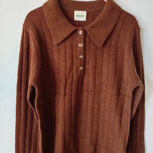 Khaite Brown Ribbed Knit Polo Sweater - Button Detail